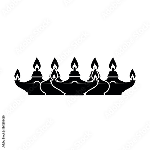 Traditional Indian Diya Lamps Silhouette for Diwali Festival.