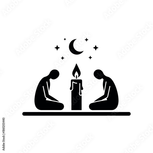 Two people praying by candlelight under the moon and stars.