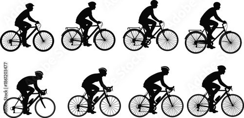 Bicycle rider silhouettes, black and white illustration, cycling posture, road and city bikes, active lifestyle, transportation, motion, sport