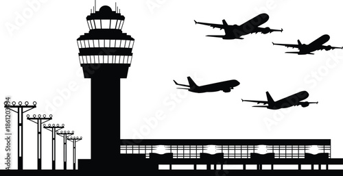 Airport silhouette, air traffic control tower, black and white illustration, airplanes in flight, terminal building, aviation infrastructure, travel