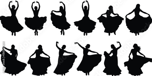 Dancer silhouettes, graceful movement, black and white illustration, flowing skirts, expressive poses, artistic dance, elegant choreography, dynamic posture, performance art