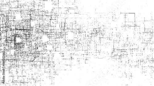 Black and white abstract grid pattern with scattered dots and irregular lines 1