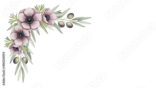 Delicate hand painted watercolor corner design with anemones and olive branches in muted mauve isolated on white background