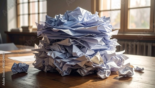 Crumpled paper piles on wooden table in a bright room with windows showing sunlight