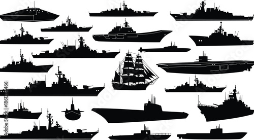 Naval ship silhouettes, military vessels, black and white illustration, submarine, warship, sailing ship, maritime design, ocean fleet diversity