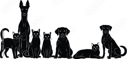 Silhouette cats and dogs, black animal shapes, pet illustration, feline and canine contrast, sitting and standing pets, white background