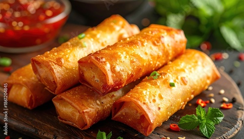 Golden Fried Spring Rolls with Dipping Sauce on Wooden Board.