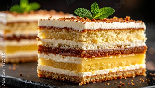 Delicious Layered Cake with Cream and Mint Garnish.