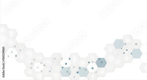 A modern abstract background featuring a wave of interconnected grey and blue hexagonal cells with small dots, suggesting a scientific or technological network.