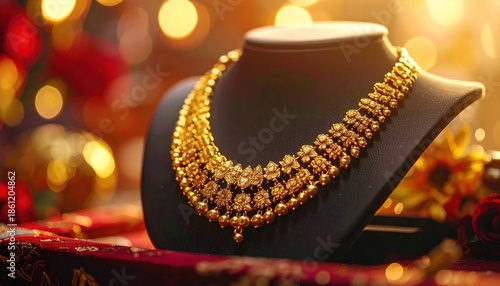 Exquisite Gold Necklace Displayed on a Mannequin with Festive Bokeh Lights.