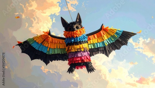 Colorful Bat Pinata Flying in a Bright Sky with Clouds.