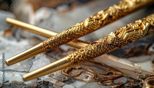 Ornate Golden Chopsticks with Dragon Design Resting on a Textured Surface.