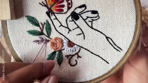 Close up of artist hands doing embroidery of flowers and butterfly on white fabric with needle and thread