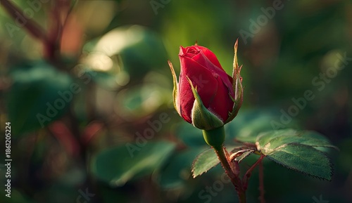 Close-up of a vibrant red rosebud, partially open, with green leaves and bokeh background