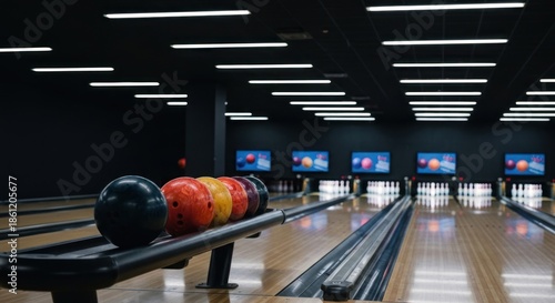 A bowling alley with balls lined up, lanes, and screens in the background