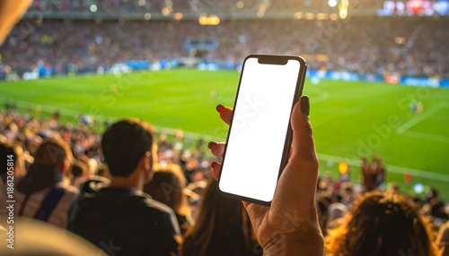 Person holding smartphone with blank screen at a crowded football stadium during a match.
