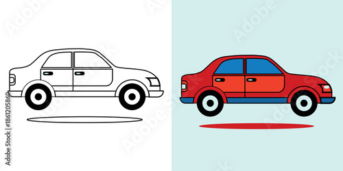 A children's coloring book featuring a red car. A coloring book featuring a cute cartoon car. Vector illustration with a colored background.