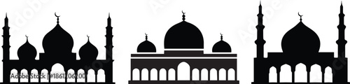 Set of three black mosque silhouettes with domes and minarets