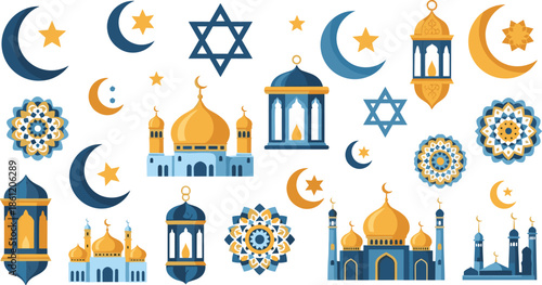 Vibrant Islamic and Jewish symbols in gold and blue hues