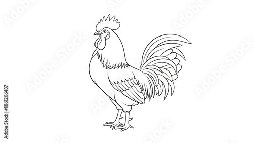 Rooster illustration, black and white drawing of a rooster
