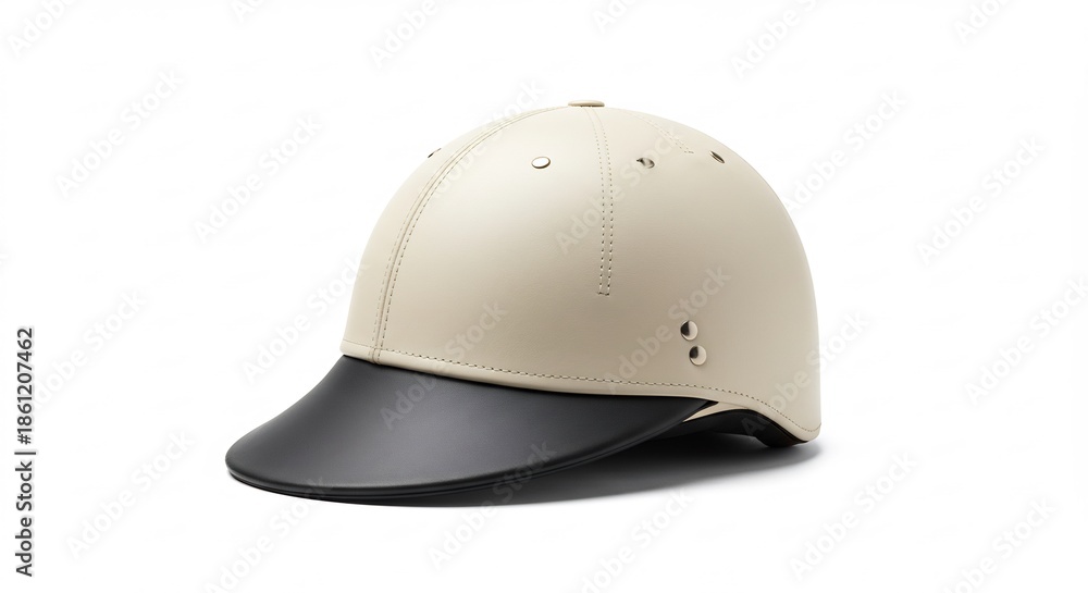 Fototapeta premium 均一な明るい光がモダンなフォルムを際立たせるオフホワイトのヘルメット白い背景に浮かび上がる黒いバイザーが印象的機能性と美しさを完璧に兼ね備えた洗練された安全保護具. AI Generated