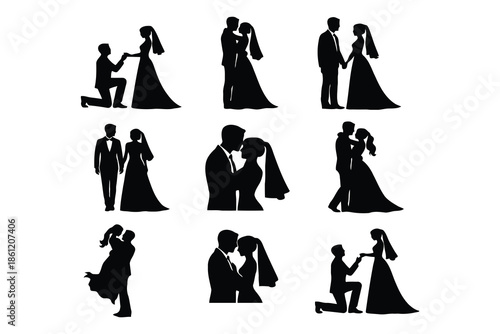 Wedding Bride and Groom Silhouette Icons Set for Marriage and Engagement Designs