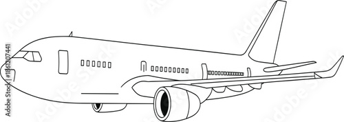 Commercial airplane flying in sky line art vector set, passenger aircraft jet for travel and tourism vacation design