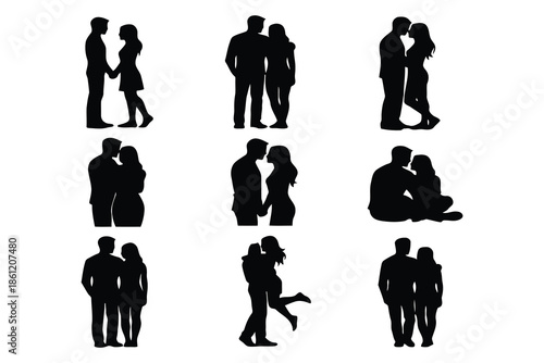 Set of Black Silhouettes of Couples in Love for Romantic and Valentines Day Design