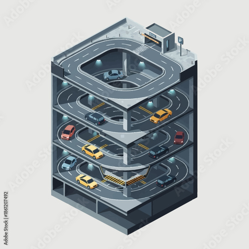 Isometric Multilevel Parking Garage with Cars and Ramp System.