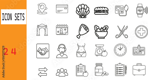 Collection of line art icons representing diverse concepts for digital and print design