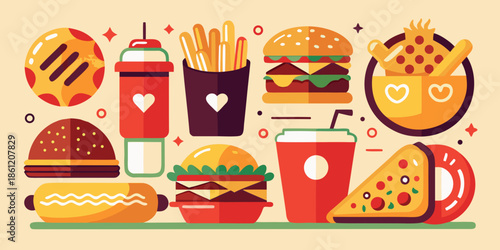 Vector illustration of a set of cartoon pizza icons and fast food meals including a burger, sandwich, and fries for a restaurant menu design