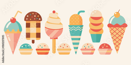 Delicious dessert set featuring cute cartoon ice cream cones, chocolate cupcakes, and other for a birthday party celebration