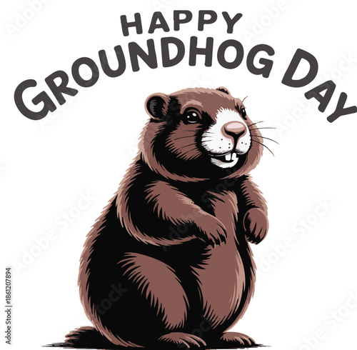 Happy Groundhog Day Vector Graphic Illustration Featuring a Smiling Groundhog Perfect for Seasonal Designs