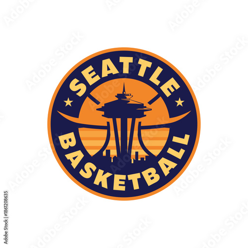 Seattle basketball logo with Iconic building silhouette badge stamp sticker vector illustration