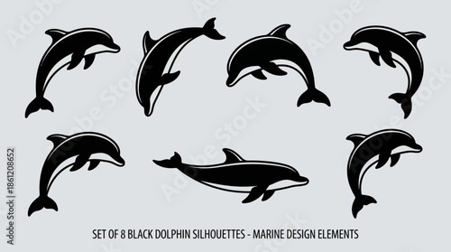 Dolphin Silhouette Vector Set | Black Marine Animal Shapes in Motion | Editable Ocean Wildlife Graphic for Educational, Decorative, and Sea-Themed Design Projects
