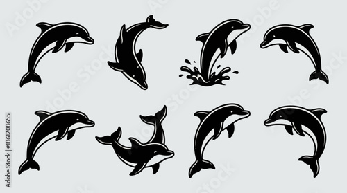 Dolphin Silhouette Vector Set | Black Marine Animal Shapes in Motion | Editable Ocean Wildlife Graphic for Educational, Decorative, and Sea-Themed Design Projects