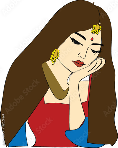 Portrait of traditional indian woman. Illustration of an Indian girl wearing red and blue Sari, The beautiful Indian traditional wear