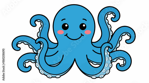 Cartoon Octopus Illustration with Smiling Face, Pink Cheeks, and Eight Arms for Educational Materials, Kids’ Decor, and Marine-Themed Designs