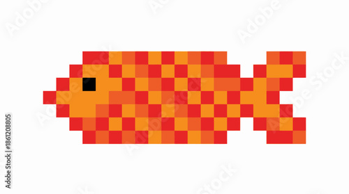 Pixel Art Fish Illustration with Orange-Red Checkered Pattern and Forked Tail for Retro Game Assets, Digital Stickers, and Minimalist Marine Designs
