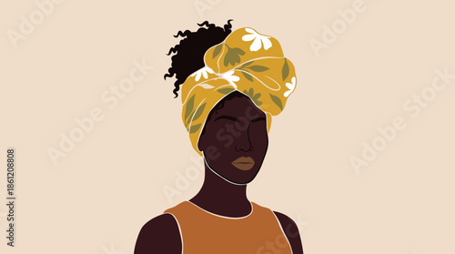 Headwrap Portrait Illustration with Floral Pattern and Curly Hair for Cultural Fashion Editorials, Artistic Identity Posters, and Empowerment Campaigns