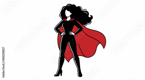 Superhero Illustration with Red Cape, Curly Hair, and Confident Pose for Empowerment Campaigns, Advocacy Posters, and Strength-Themed Editorials