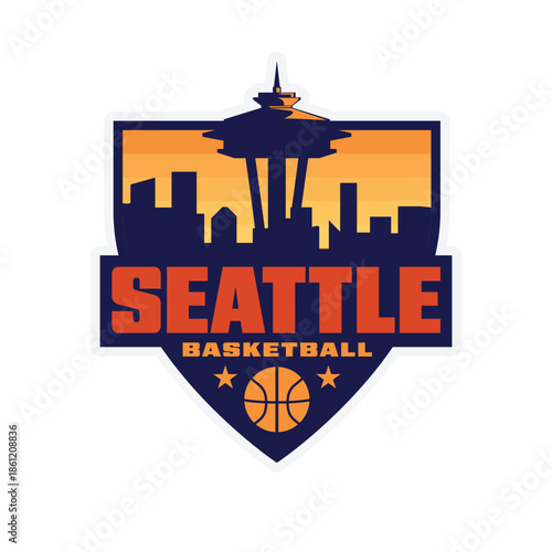Seattle basketball logo with unique silhouette of building badge emblem sport stamp sticker vector illustration