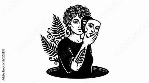 Black and White Illustration of Person Holding Mask with Fern Leaves for Identity Editorials, Conceptual Art, and Self-Revelation Campaigns