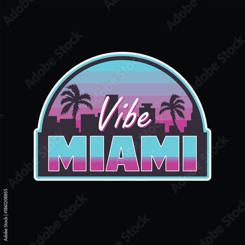 Miami Vibe night life with palm tree city logo design badge stamp sticker vector illustration