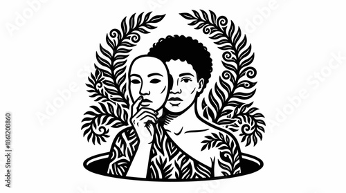 Black and White Illustration of Person Holding Mask with Fern Leaves for Identity Editorials, Conceptual Art, and Self-Revelation Campaigns
