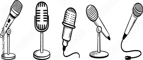 Professional microphones hand drawn doodle vector set, vintage studio mic, condenser and dynamic microphones for podcasting