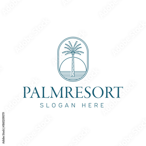 Palm resort hotel luxury logo design vector illustration with minimalist line art