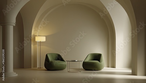 Interior scene with arched alcove, chairs, table, and a floor lamp bathed in soft light