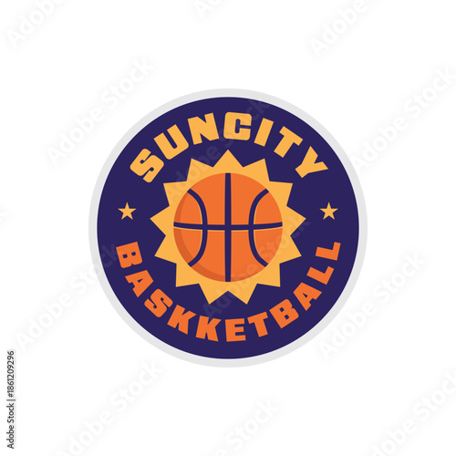 Basketball logo design with a combination of basketball and shining sun using emblem badge style vector illustration