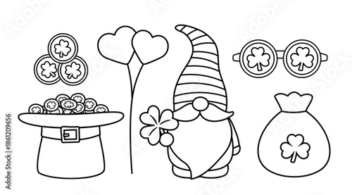 St. Patrick's Day element Coloring pages and templates collection.
Includes gnome, leprechaun hat, coins,  clover, money bag, balloon and party sunglasses.